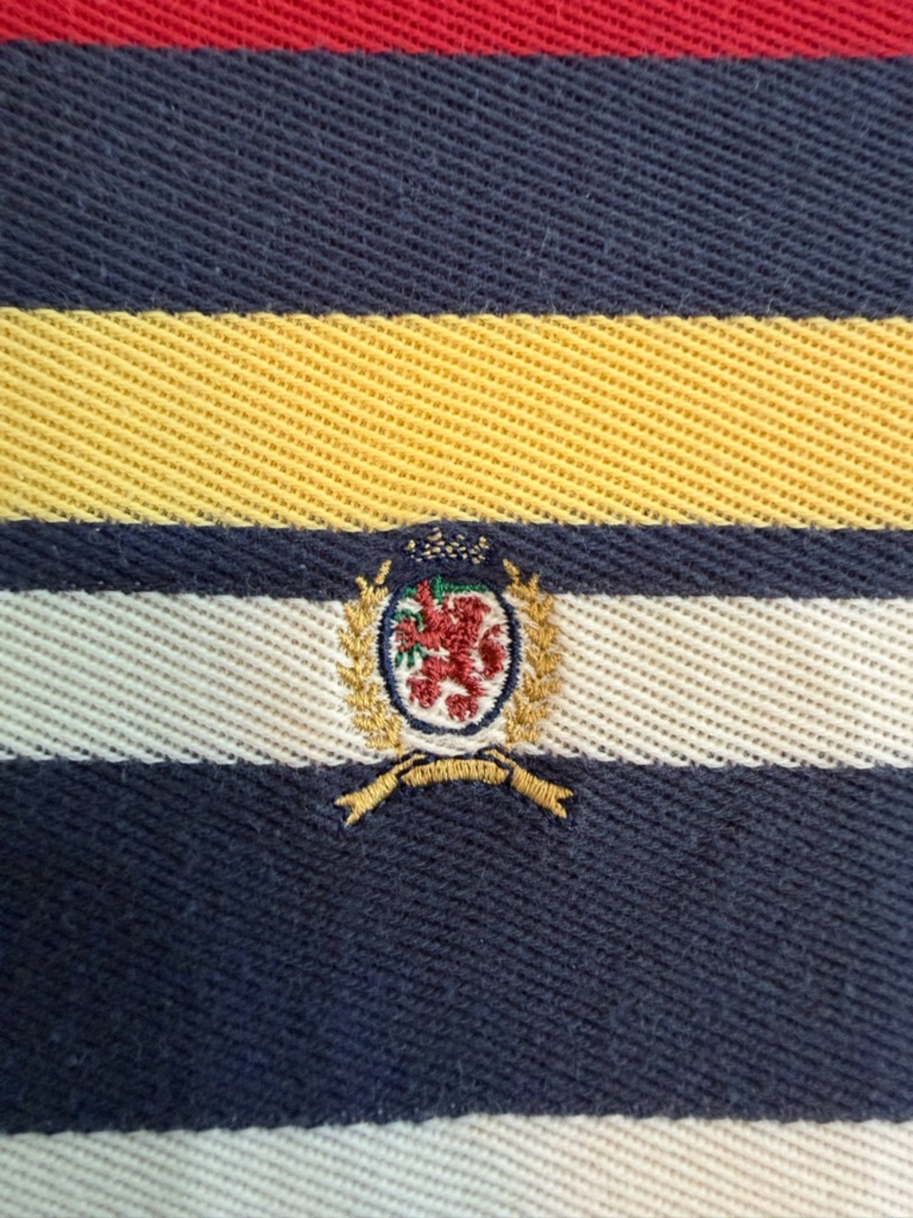 Vintage 90s Y2K Tommy Hilfiger Navy, Red, Yellow & White Striped Polo Crest Logo - Picture 4 of 4